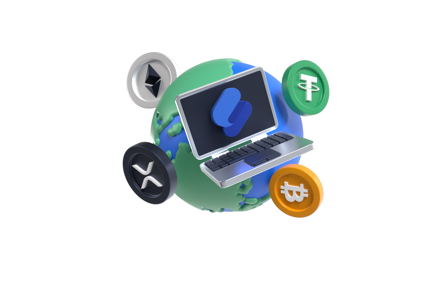 Counter illustration with coins and laptop