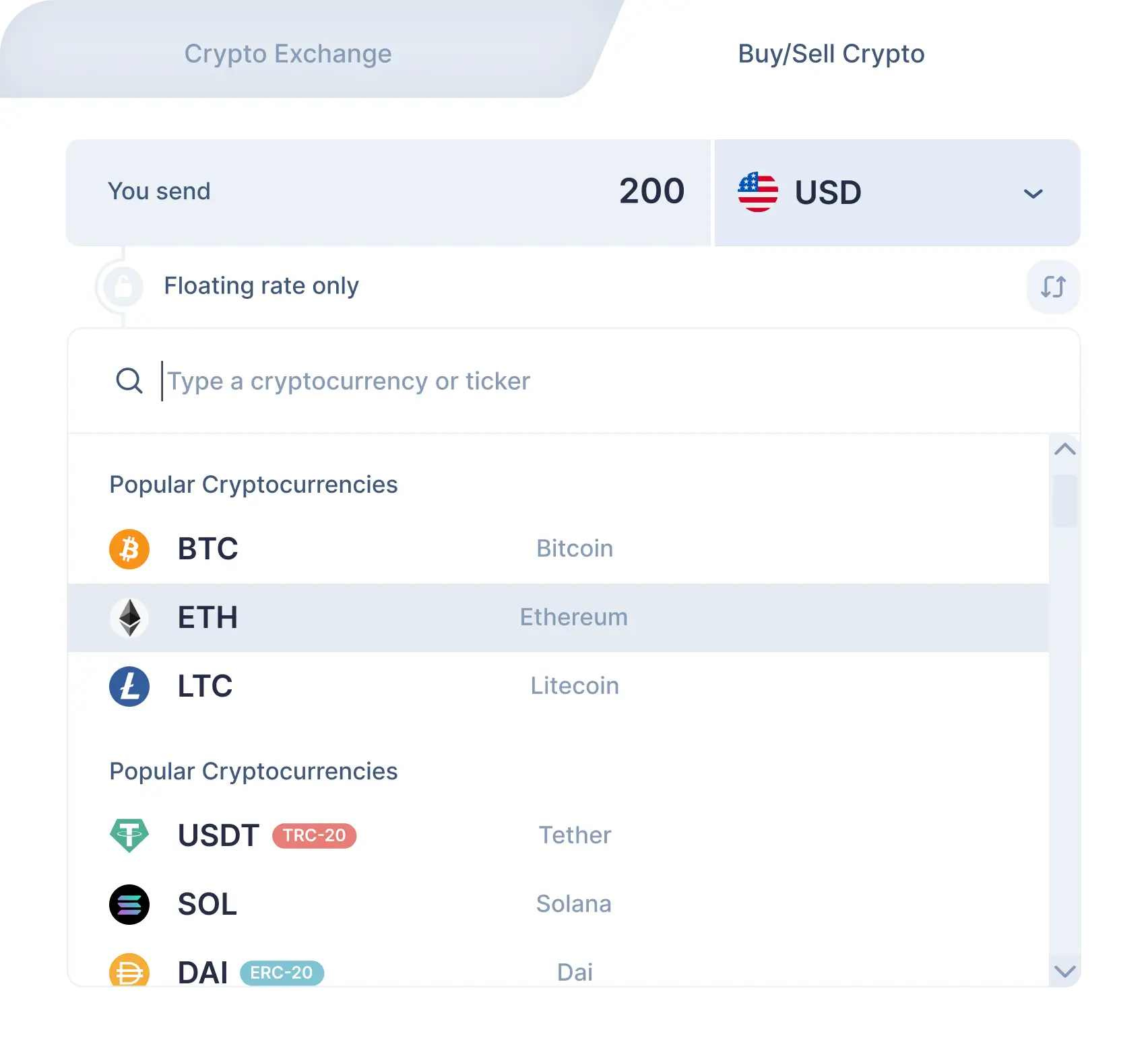 Choose the fiat-to-crypto pair